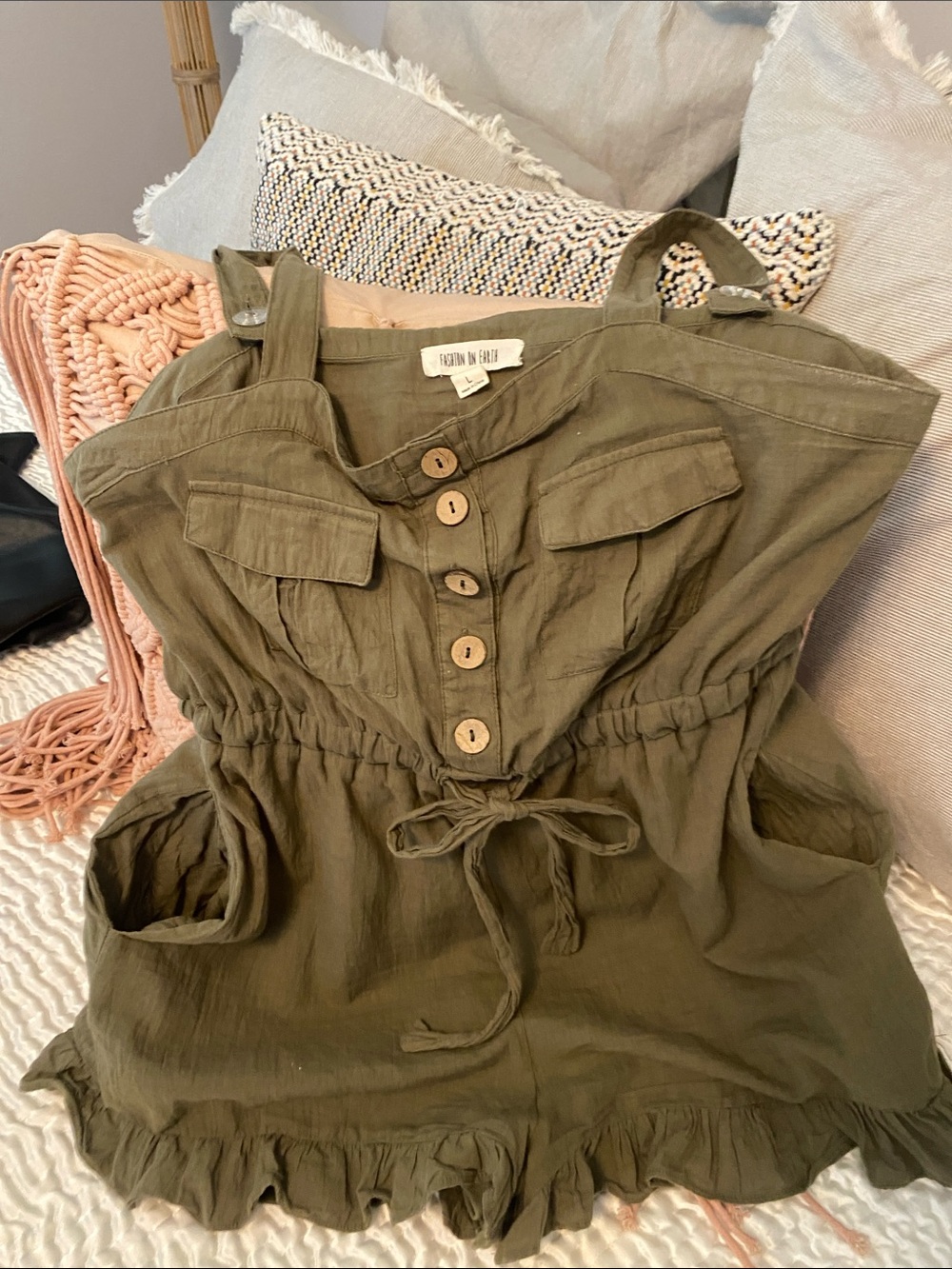 Green Utility Linen-Blend Romper with Button Front